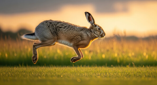 Hare Wild Brown Runs and Jumps Mid air in Sunset Meadow