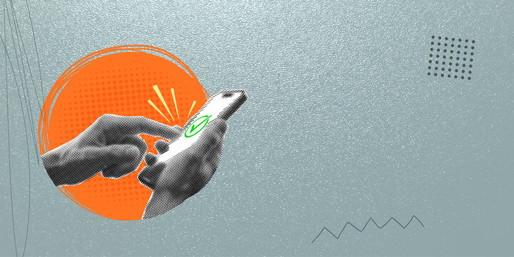 Surreal collage of hands using smartphone on orange circle background. Creative vintage halftone style for mobile app marketing, digital communication, and online business. Copy space included.