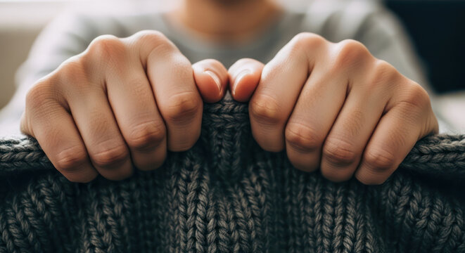 Closeup of hands gripping a textured fabric with determination and focus.