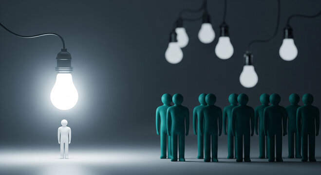 A glowing figure standing out from a dark group under a light bulb, perfect for innovation concepts and leadership plans