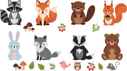 Fototapeta premium Cute Forest Animals with Foliage and Mushrooms