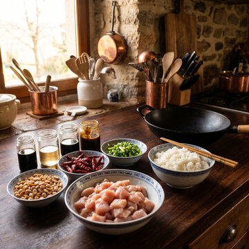 Kitchen setup with bowls of diced raw chicken, white rice with chopsticks, chopped green onions, dried red chili peppers, peanuts, and jars of sauces on wooden countertop near wok and stone wall windo