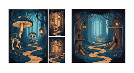 Obraz premium Dark mystical forest landscapes with glowing mushrooms magical paths and treehouses in a nocturnal fantasy environment.