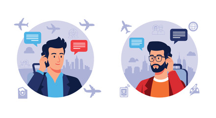 Fototapeta premium Two men having phone conversations with travel related icons like airplanes and cityscapes in circular blue background frames.