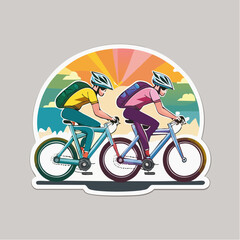Fototapeta premium Two people cycling with backpacks against a sunset background