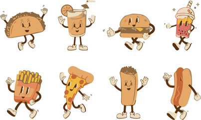 Fototapeta premium Cute Food Character Collection Featuring Taco, Pizza, Fries, Ice Cream, and Hot Dog for Kids’ Illustrations and Fun Food Designs