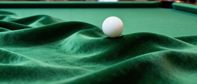 Surreal white billiard ball on a green table with fabric texture resembling ocean waves and dynamic fluid.
