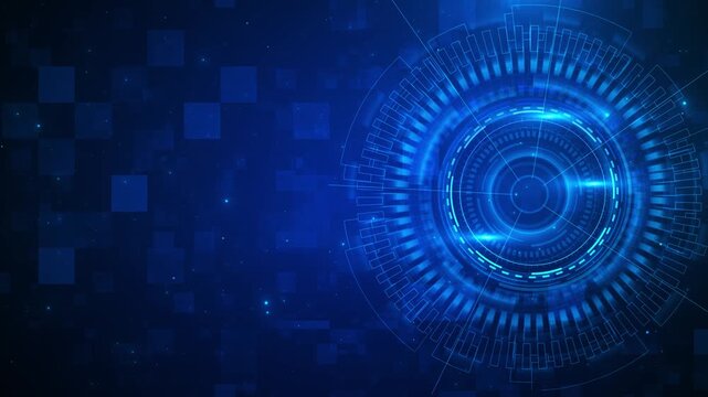 Blue circular HUD tech background with glowing rings on the right, square particles, and deep copy space. Perfect for AI videos, digital dashboards, software promos, and cyber overlays.