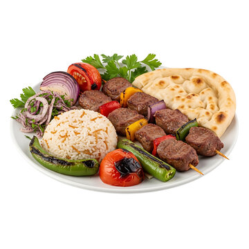 Grilled meat skewers sit beside rice, pita, and fresh veggies. Crispy greens and charred peppers add color and texture. The dish looks warm and inviting, perfect for a meal