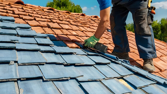 Two workers installing roof tiles on house teamwork concept blue sky background residential construction