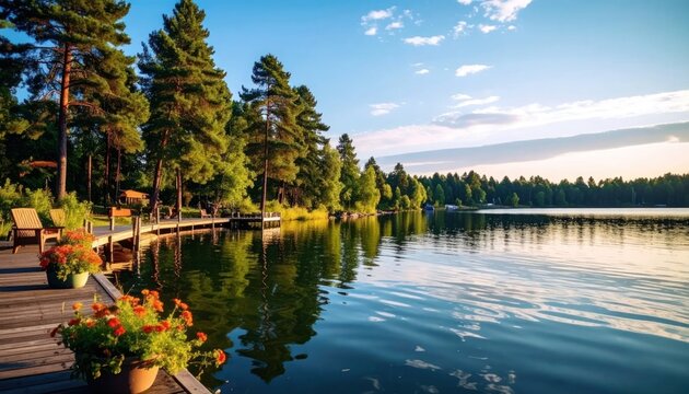 Serene Lakeside Boardwalk Amidst Pine Forest at Sunset.