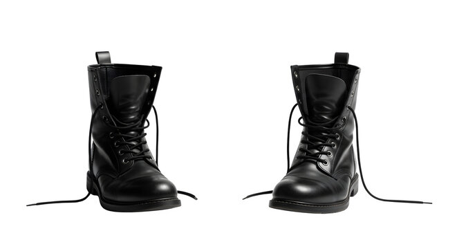 A pair of black combat boots with untied laces on transparent background
