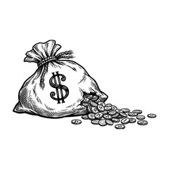 Money bag with coins spilling out, symbolizing wealth and finance © premiumsvgdesign
