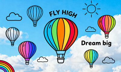 Naklejka premium This hand-drawn illustration features colorful hot air balloons floating in a sunny blue sky with clouds, sun and rainbow, with inspirational slogans.