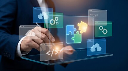 Naklejka premium Business professional interacting with a digital interface showing cloud services and puzzle pieces