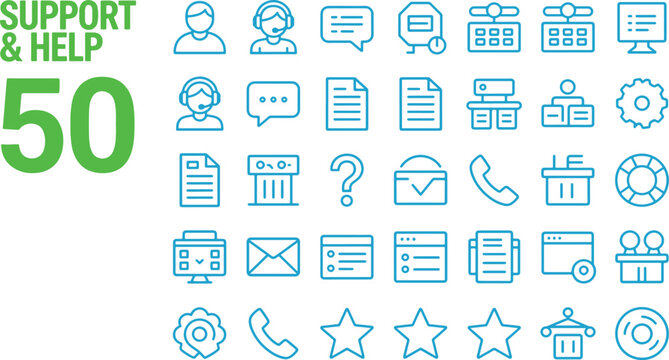 Support and Help Editable Line Icon Set with Customer Service, Assistance, FAQ and Contact Support Symbols in Minimal Style