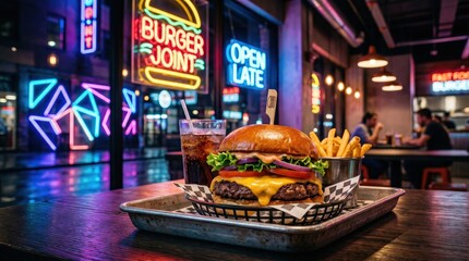 Fototapeta premium Burger with Neon Lights Modern Night Fast Food Style