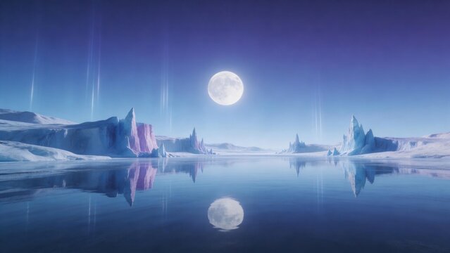 Moonlit icy landscape with reflective water