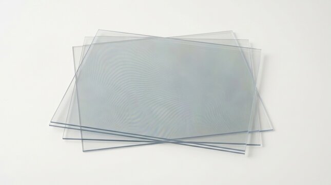 Stack of transparent rectangular glass or plastic sheets isolated on white background