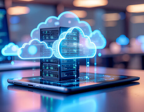 A futuristic concept image depicts a server rack connected to a glowing cloud network, symbolizing cloud computing and data storage on a tablet.