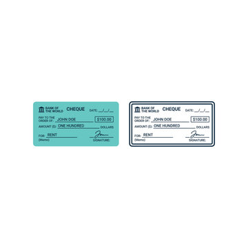 Two vector illustrations of a cheque for rent payment, one in teal and one in blue outline, showing payee, amount, and signature fields.