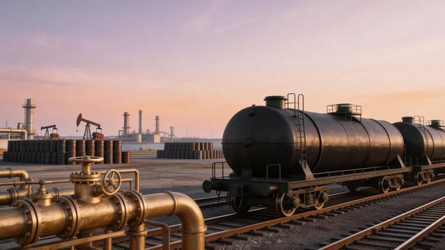 Oil train tankers at industrial site