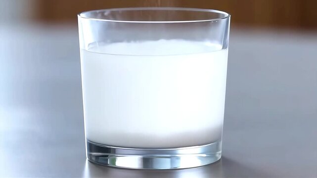 A close-up shot of a clear glass filled with a cloudy white liquid, possibly milk or a milky beverage, set against a neutral background, showcasing its texture and opacity