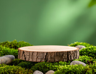 Fototapeta premium A rustic wooden stump rests on a vibrant bed of green moss, creating a natural display platform.