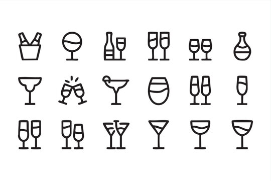Alcohol Beverage Icons Collection, Wine Glass Cocktail Champagne Set