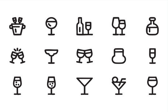 Wine Glass And Alcohol Icons Set, Cocktail Champagne Bar Drink Symbols