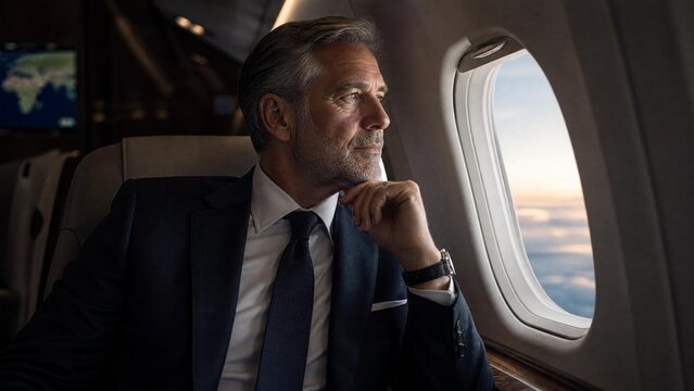 Successful Mature Businessman Traveling in Private Jet Looking Through Window at Sunset