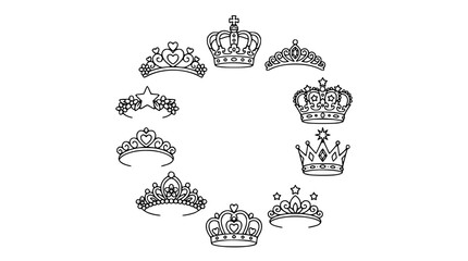 Modern princess tiara and crown monoline icon collection with playful decorative elements for girls party vector set © MdAmzad