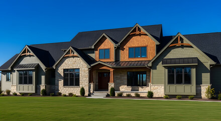 Fototapeta premium Large house exterior with stone and wood siding sunny day green grass lawn.