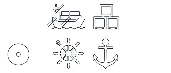 Fototapeta premium Cloud deployment and containerization icons illustrating a freight vessel, piled shipping crates, and marine helm. Professional vector collection for DevOps and maritime logistics.