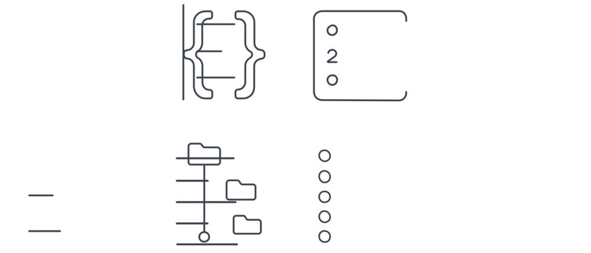 Professional code editor and programming syntax vector icon set with curly brace line numbers and file tree directory symbols featuring an editable stroke for customized line weight and design.