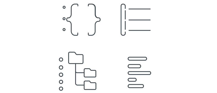 Code editor environment and syntax programming vector icon set with curly brace line number file tree and syntax dot elements featuring editable stroke for customizable thin line web design.