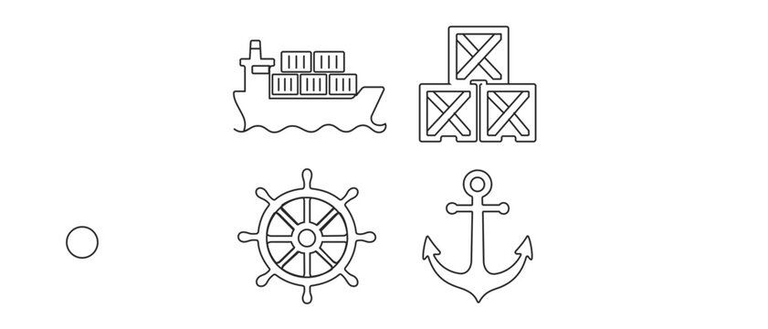 Cloud containerization and shipping technology vector icon set featuring cargo vessel, stacked boxes, and anchor symbols, minimalist collection of 4 icons for software infrastructure and DevOps.