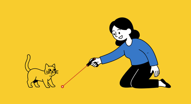 Woman playing with her cat using a laser pointer in a flat vector illustration
