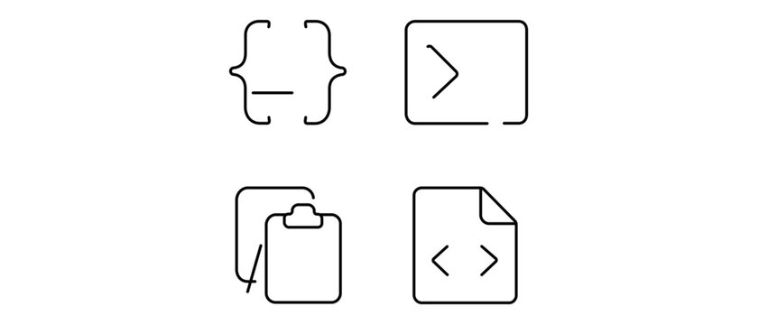 Professional coding and software engineering vector icon set with editable stroke including terminal window, curly brackets, and copy code buttons, collection of 4 icons for modern UI design.