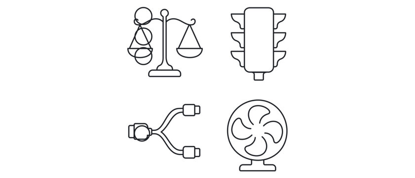 Professional vector icon set featuring a collection of 4 icons for network load balancing, including balance scales, traffic light, and splitter cable symbols for server traffic management.