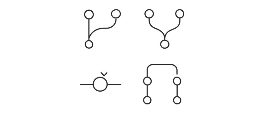 Minimalist collection of 4 icons representing git version control system with branch, fork, merge and pull request symbols, featuring an editable stroke for professional software development use.