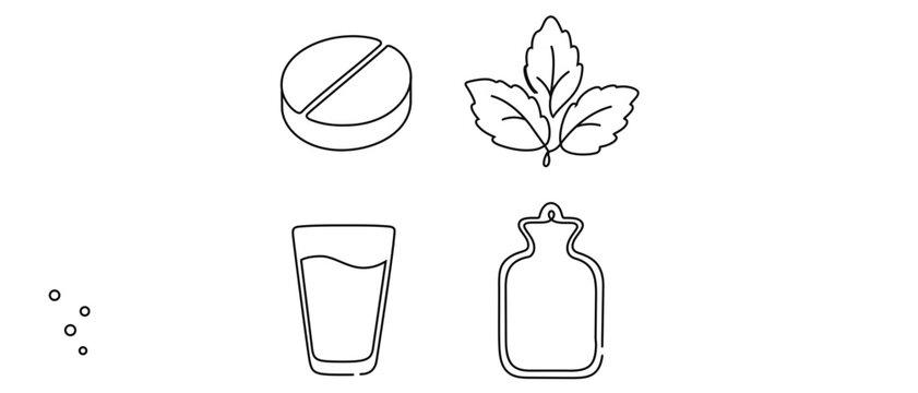 Collection of 4 icons for indigestion relief with antacid tablet, peppermint leaf, ginger ale glass and hot water bottle, vector icon set with editable stroke for healthcare and medical design.
