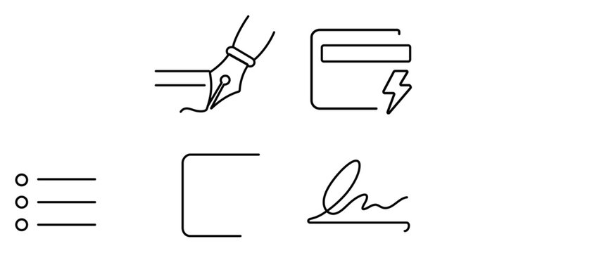 High conversion copywriting and sales messaging vector icon set with editable stroke. A collection of 4 icons featuring a classic fountain pen, bold text headline, bullet list, and signature line.