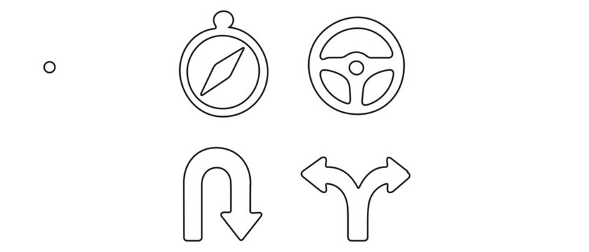 Business pivot strategy vector icon set with a collection of 4 icons including a magnetic compass, steering wheel, u-turn sign, and a fork in the road symbolizing direction and strategic changes.