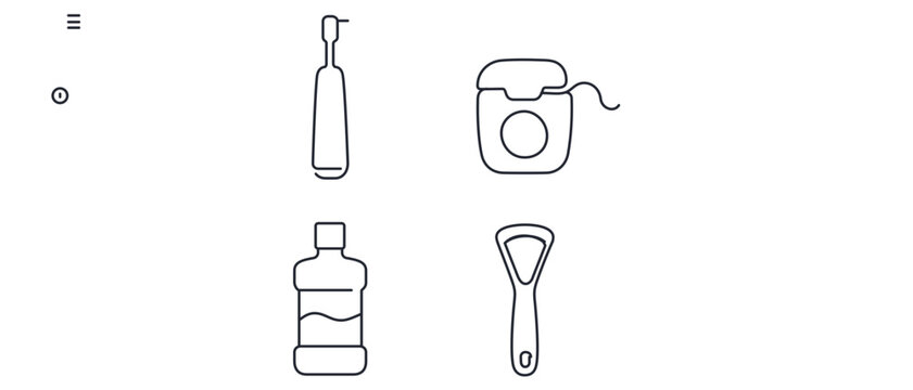 Oral health and dental hygiene vector icon set featuring a collection of 4 icons: electric toothbrush, dental floss dispenser, mouthwash bottle, and tongue cleaner for a clean daily routine.