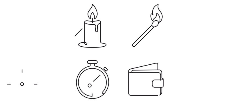 Business vector icon set illustrating startup burn rate concepts with editable stroke featuring a burning candle matchstick stopwatch and empty wallet to represent financial capital spending.