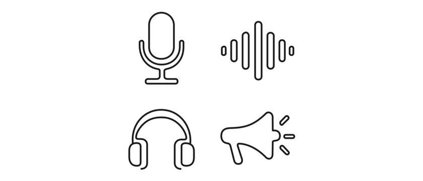 Podcast sponsorship spot vector icon set with editable stroke including a collection of 4 icons featuring a studio microphone, audio wave bars, headphones, and a brand mention script for media.