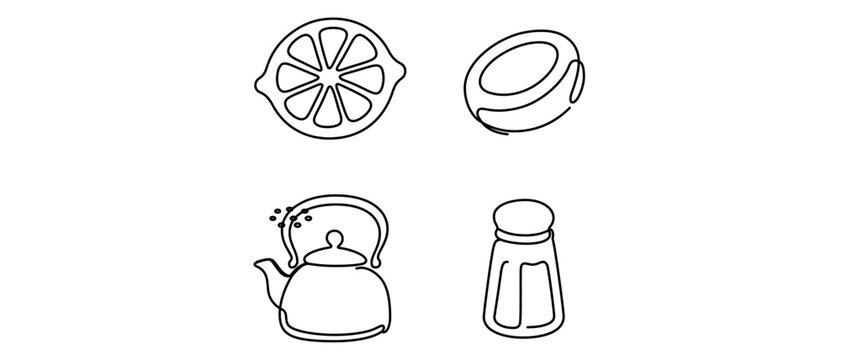 Medical healthcare vector icon set with editable stroke featuring sore throat soothing remedies like lemon slice, throat lozenge, tea kettle, and salt shaker in a collection of 4 icons for wellness.