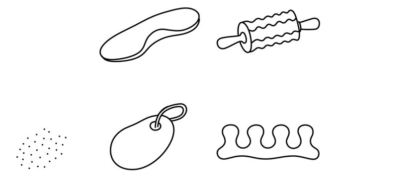 Plantar fasciitis treatment vector icon set with editable stroke featuring a collection of 4 icons for foot care including arch supports, foot roller, pumice stone, and orthopedic toe separators.