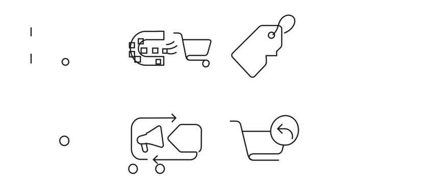 Business retargeting ad strategy collection of 4 icons for digital marketing including magnet, tracking pixel, shopping cart, and repeated offer banner vector icon set with editable stroke.